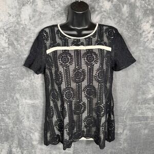Karl Lagerfeld Paris Womens Lace Top Blouse Black Cream Short‎ Sleeve Floral